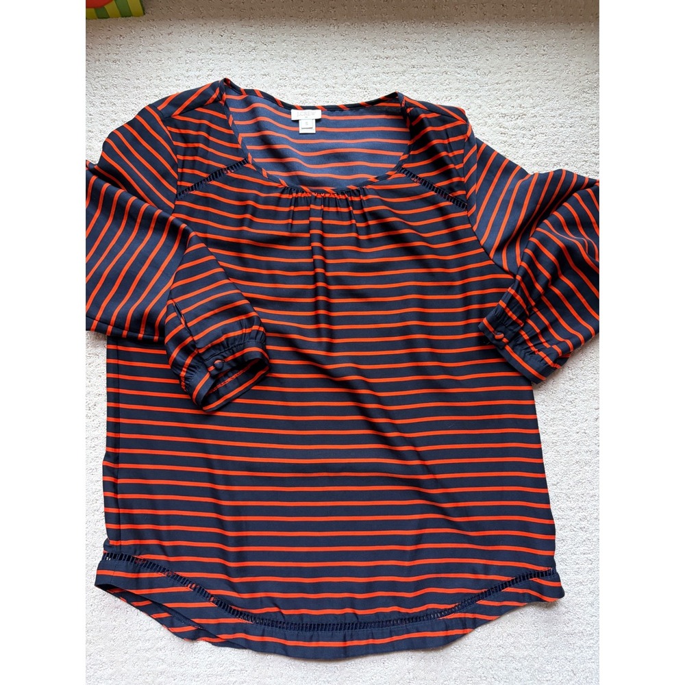 J. Crew Blouse S Navy Orange Striped Ladder Lace Preppy Nautical Office Siren